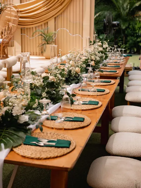 Draped reception canopy with hanging lights